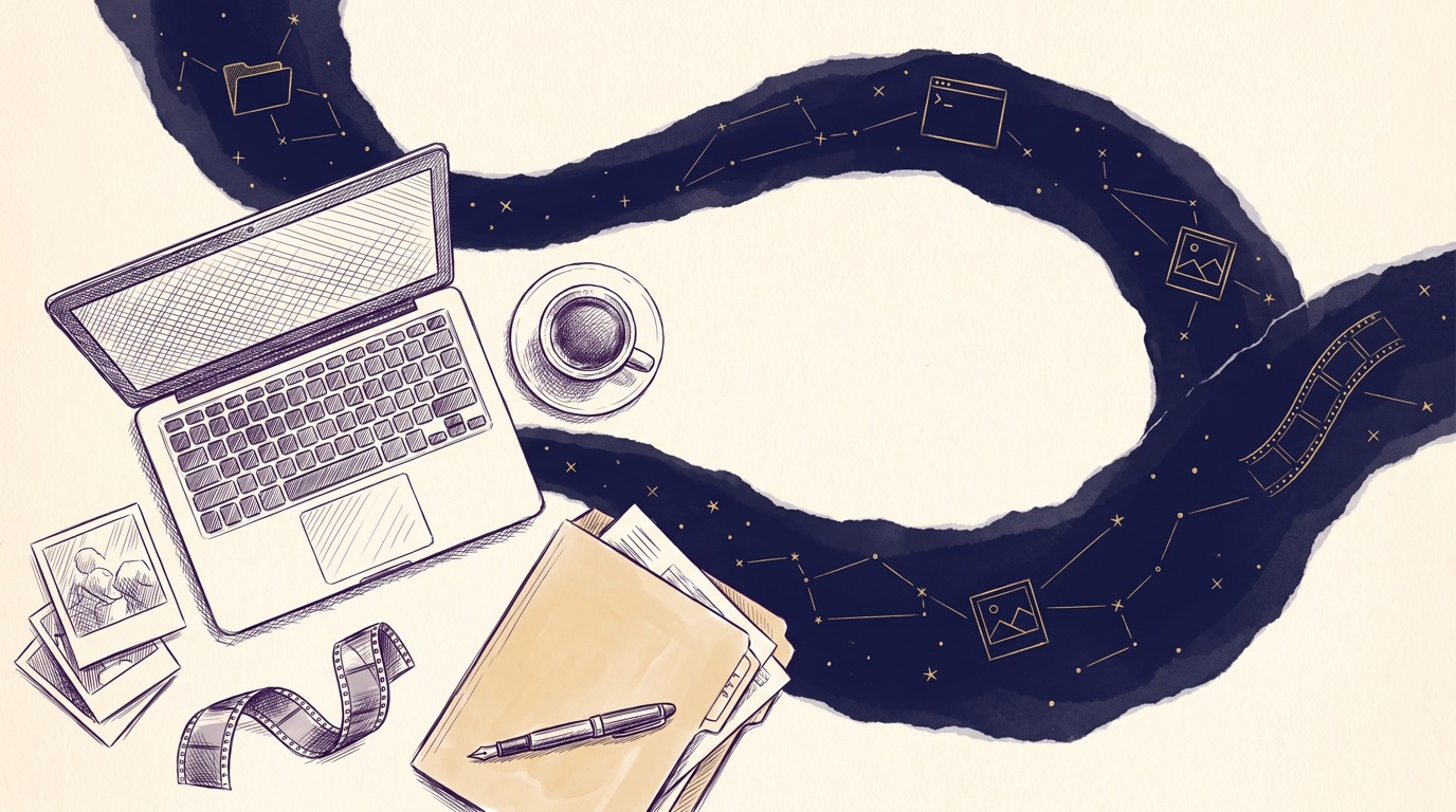 A worktable seen from above — laptop, coffee, folder, film strip — with a navy river of stars looping out of the laptop carrying gold constellation stations