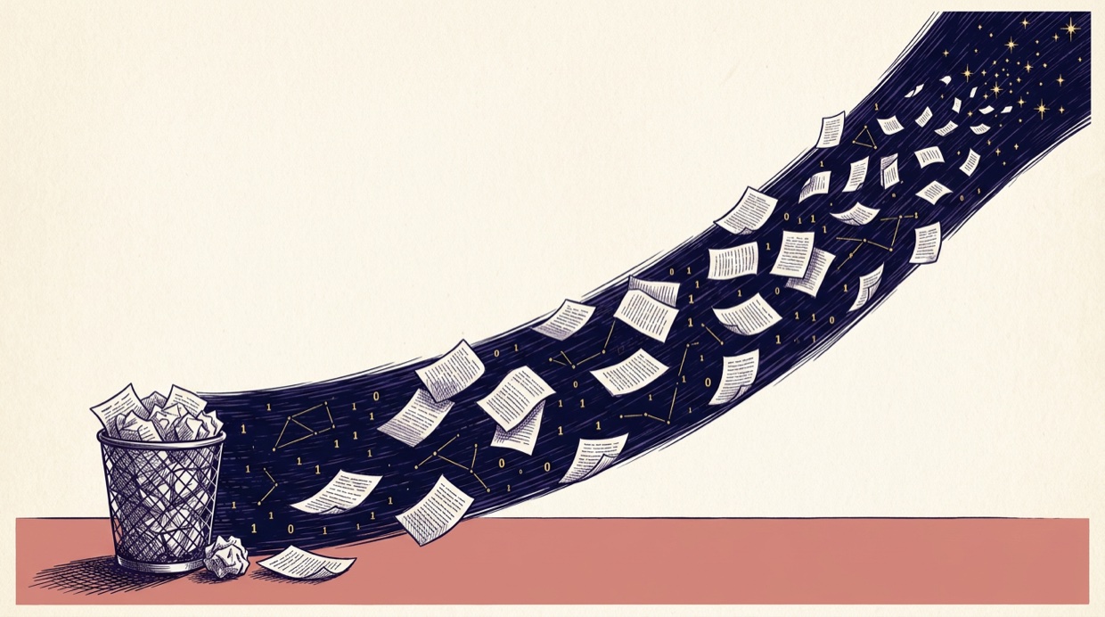 A river of navy night sweeps diagonally from a wastebasket of crumpled pages, manuscript pages tumbling in the current and dissolving into stars