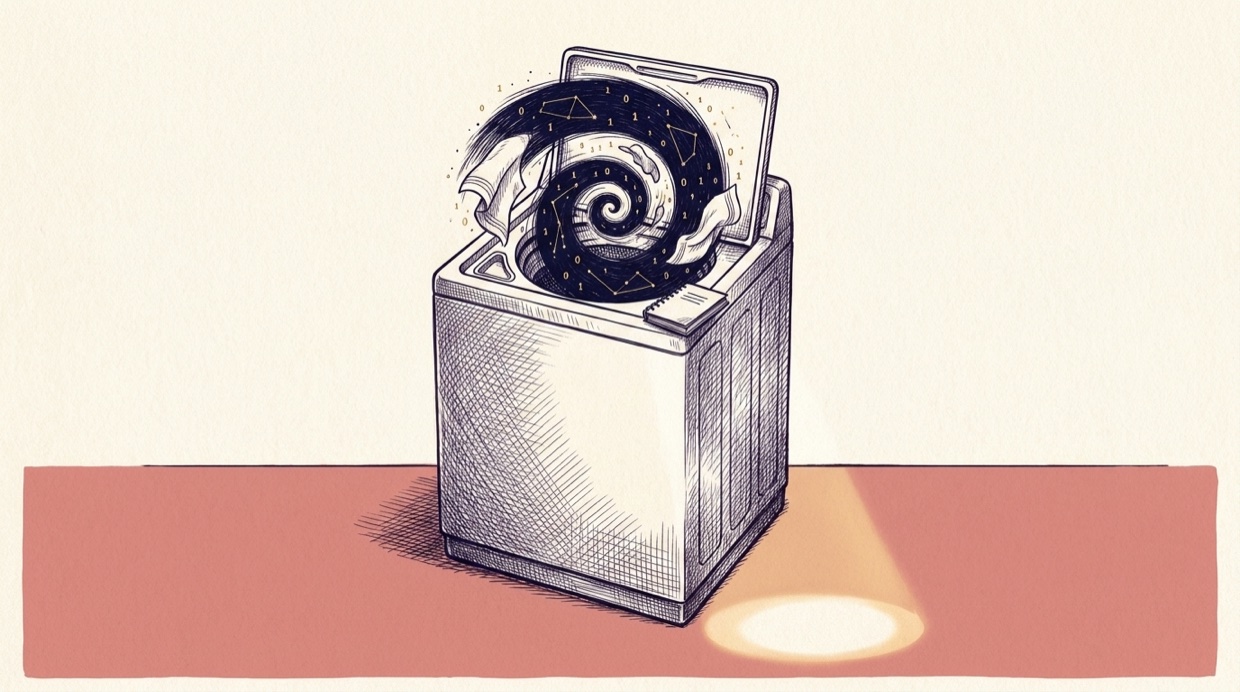 A washing machine with its lid open, towels swirling in navy water, under a shaft of morning light