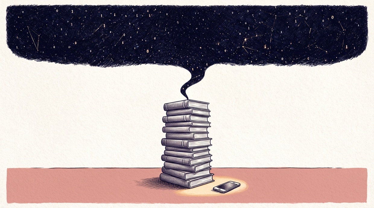 A tall stack of books on the rose ground with a smartphone lying face-down beside it, a ribbon of navy night rising from the top book into a starry mass