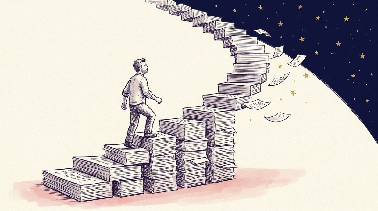 A staircase built of stacked manuscript pages climbing into a navy night, a small figure climbing it, loose pages becoming gold stars