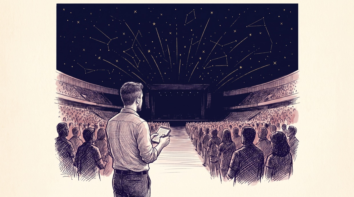 A man seen from behind in a vast concert arena aisle holding a reporter's notebook, gold constellation lines bursting like pyrotechnics in the navy dark above the stage