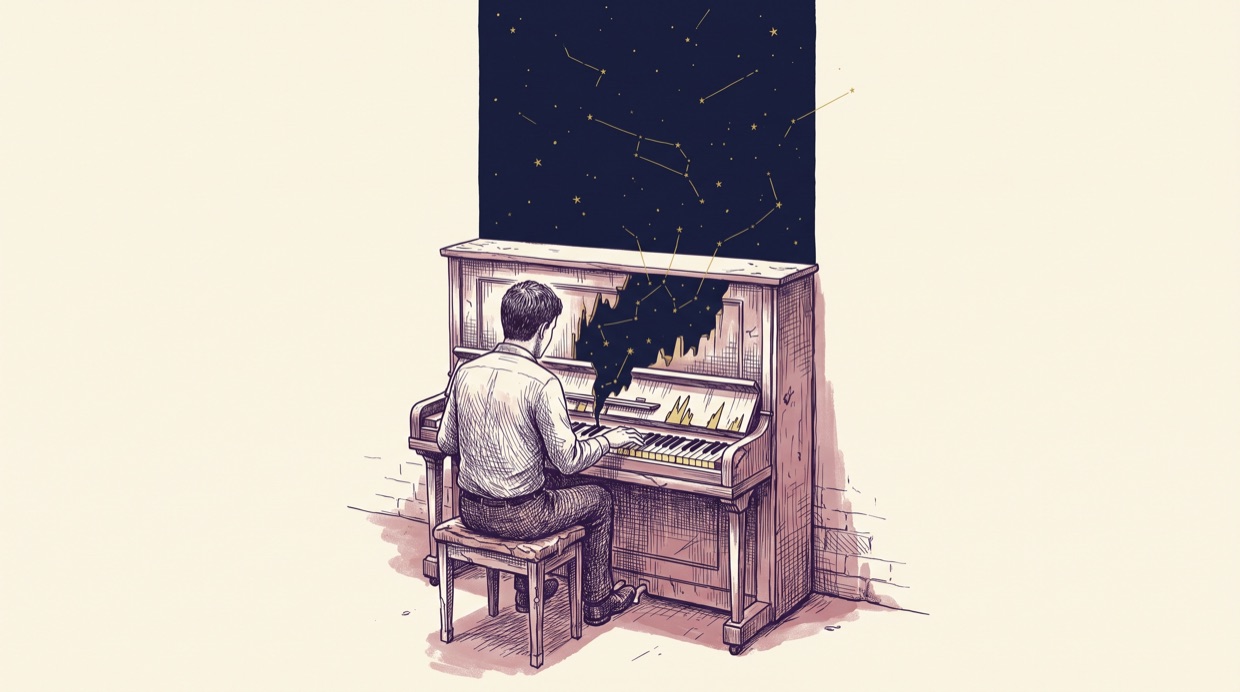 A man seen from behind at a beat-up upright piano in a basement, the wall above opening into a navy night field where thin gold constellation lines drift upward from the keys