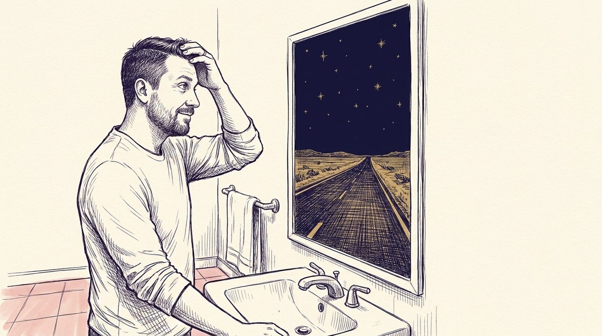 A man at a bathroom mirror, one hand raised to his hairline; inside the mirror instead of a reflection is a navy desert highway running to the horizon under gold stars