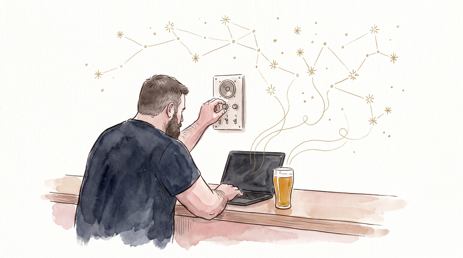 Ink illustration: a bearded man seen from behind at a brewery bar, one hand on a volume knob, gold constellation lines rising from a beer glass and a laptop.
