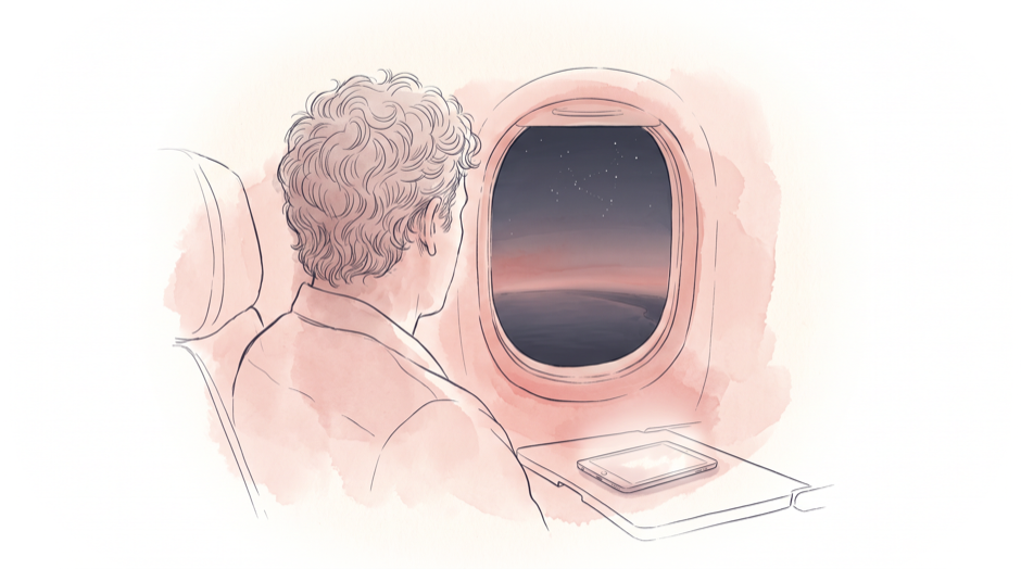 Ink illustration: a father seen from behind at an airplane window over the Gulf of Mexico at dusk, a faint constellation in the darkening sky.
