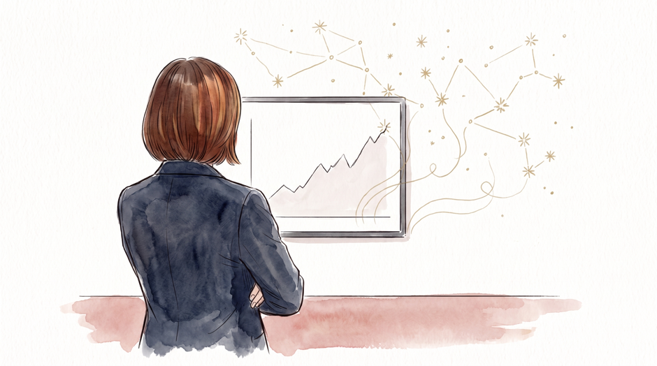 Ink illustration: a woman with a chin-length bob seen from behind, arms folded, studying a wall-mounted chart, gold constellation lines lifting off the screen.