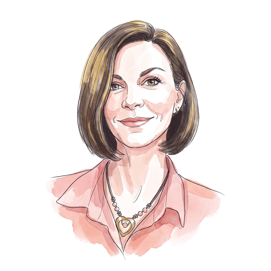 Jourdan Hathaway, drawn in soft ink with rose watercolor washes &mdash; a chin-length dark bob, a warm half-smile, a collared blouse and a beaded heart-pendant necklace &mdash; the washes feathering to white paper at every edge.