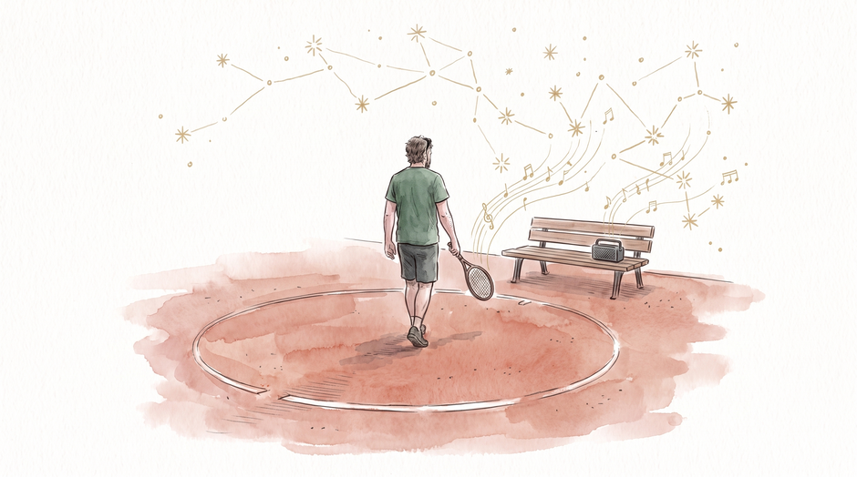 Ink illustration: a man in a green T-shirt seen from behind on a red clay court, dragging his racket to draw a circle in the clay that is left open, gold notes rising from a speaker on the bench.