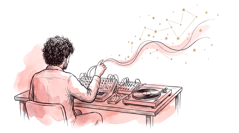 Ink illustration: a man with curly hair seen from behind at a table of analog music machines, one hand shaping a sound wave that scatters into a gold constellation above him.