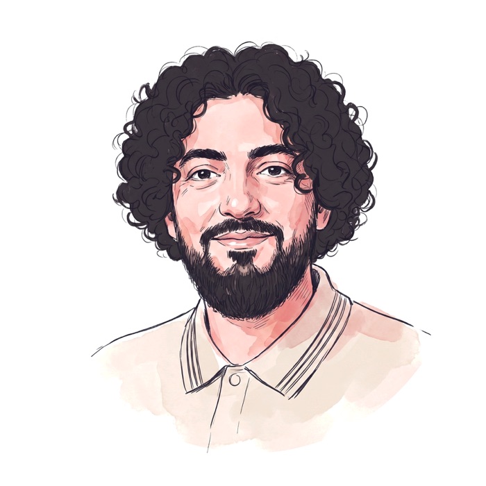 Ink portrait of Ray Martinez in the crosshatch constellation style