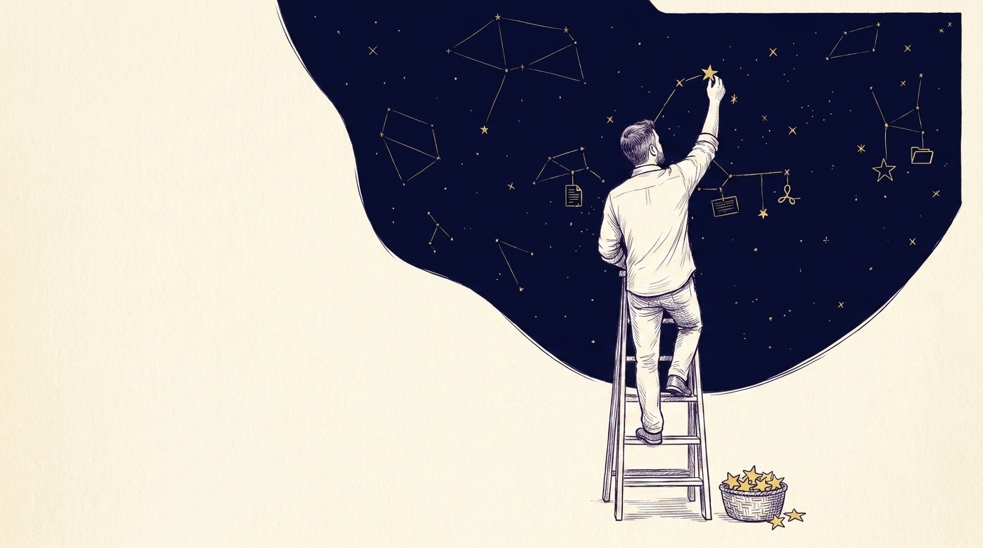 Ink illustration: a man seen from behind on a wooden ladder, hanging a gold star into a half-finished constellation in one navy field of night sky — small glyphs of a file, an index card, and a loop hang from the constellation lines, and a basket of spare stars waits at the ladder's foot on cream paper