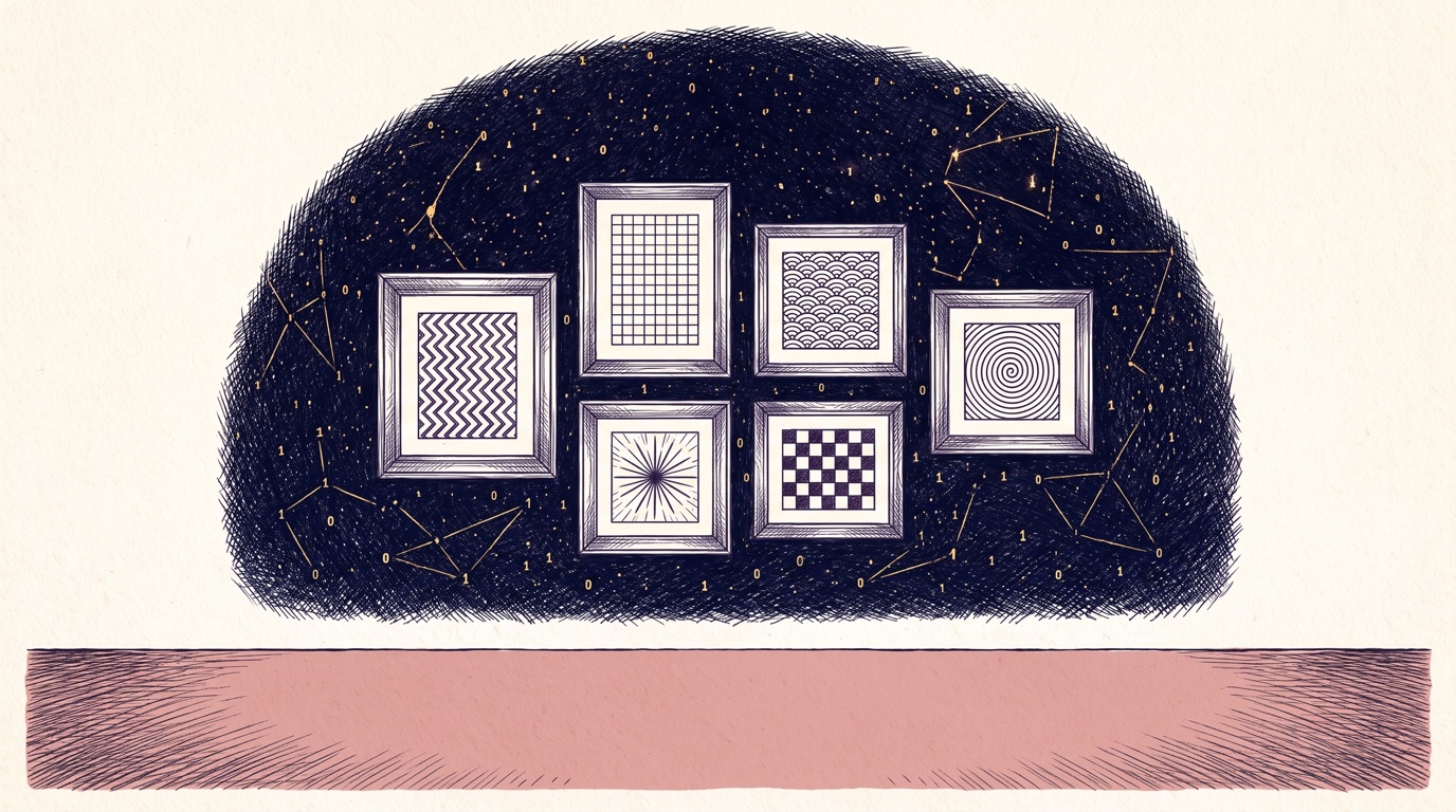 A gallery wall of small framed style plates — patterns, grids, waves — hanging above one solid navy field of tiny gold binary stars, on a flat clay-rose ground; pen-and-ink crosshatch on cream