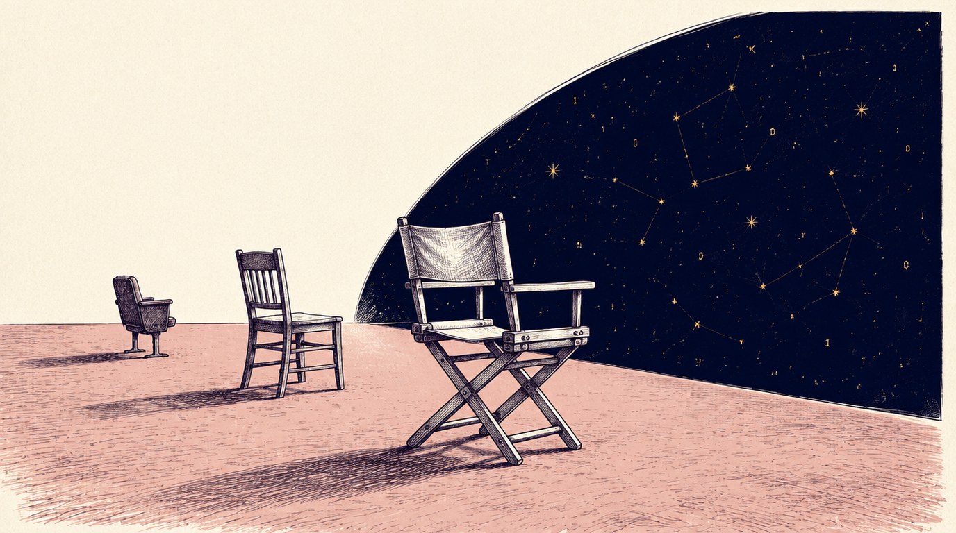 Three empty chairs on a clay-rose floor face one deep-navy field of gold stars and constellation lines: a small theater seat far back, a plain wooden chair midway, and a canvas-backed director&rsquo;s chair standing large at the navy field&rsquo;s edge