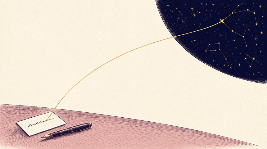 A small card on a clay-rose desk carries one handwritten line; a single gold thread lifts off that line and arcs across open cream paper into a deep-navy field, where it ends as one fixed star joined by constellation lines to the others