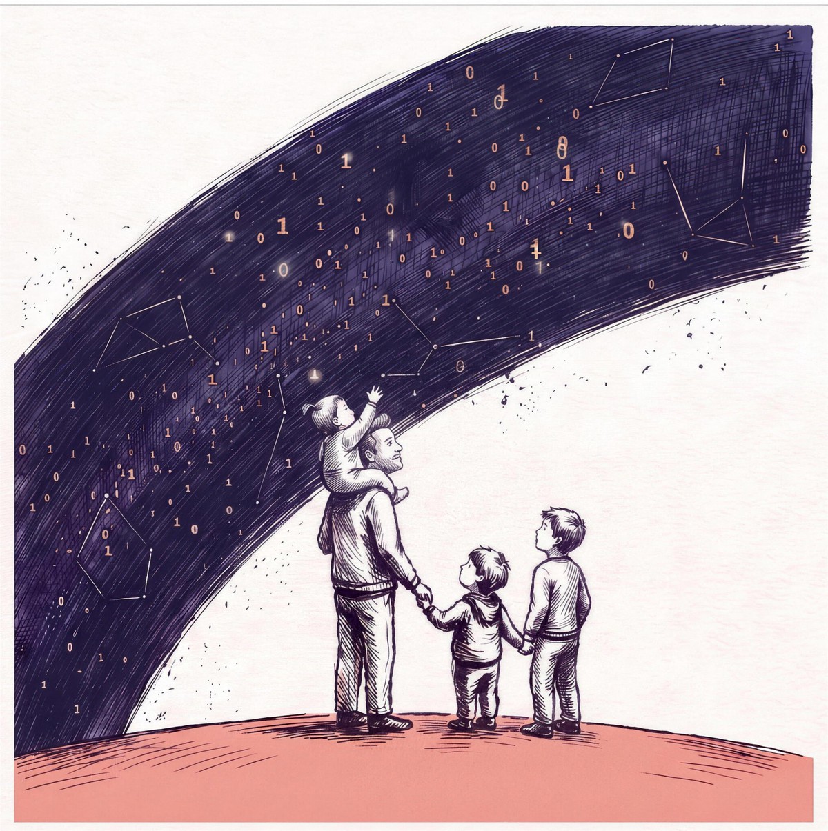 An ink drawing: a father stands on a rose-colored rise with his three children, looking up at a great navy arc of binary stars.