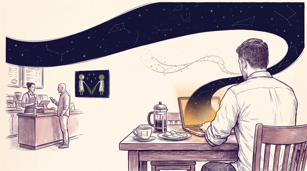 Ink illustration: a man from behind at a café table — laptop, French press, eggs — his spoken words sweeping as gold constellation stars across a navy band into the glowing screen