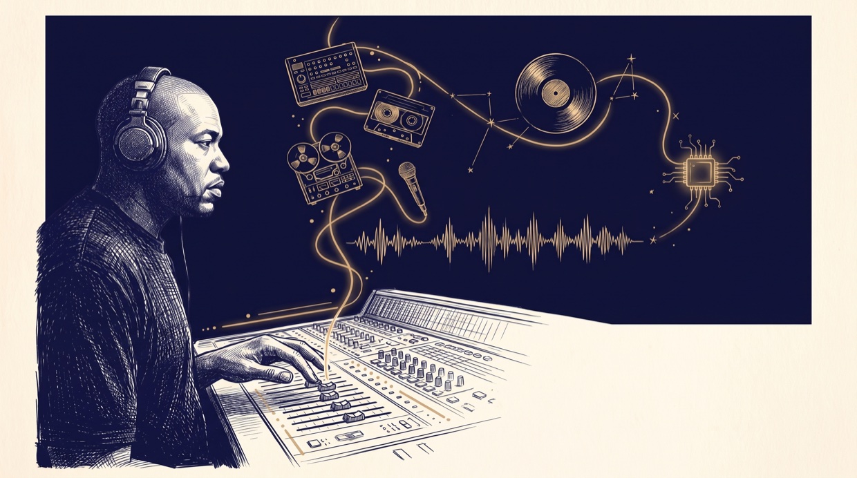 Ink crosshatch illustration: a veteran producer in side profile at a studio mixing console, a gold line rising from the faders into a navy constellation of studio tools