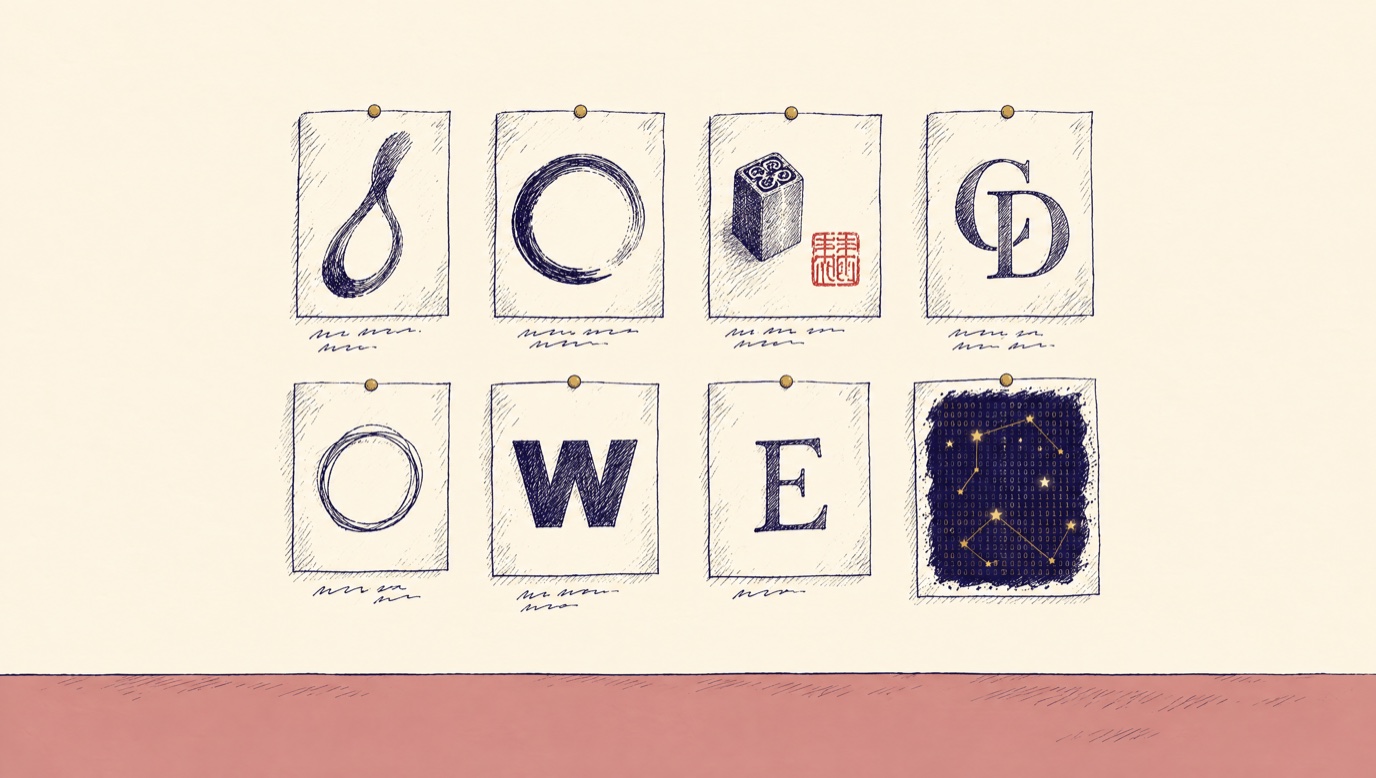A mood board drawn in pen and ink: eight small plates pinned to a cream wall with gold pushpins, among them a tapered brushstroke loop, an ink circle, a stone seal with its red impression, and one plate that is a solid navy ink mass full of gold binary stars