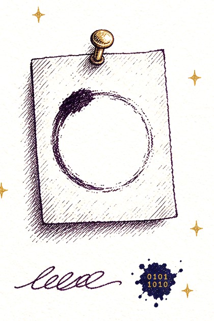A small reference card held by a gold pushpin: a hand-inked circle with a heavier dark spot where the brush first touched the paper. Below it, a line of scribbled handwriting and a navy ink blot with gold binary digits.
