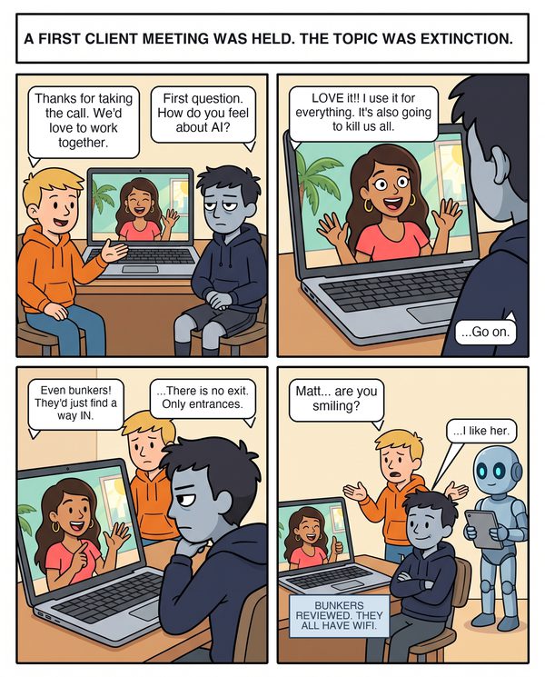 Four panels of a video call. Joe and Matt sit at a desk facing a laptop; a smiling product marketer waves from the screen with a palm tree and sunny window behind her. Joe thanks her for taking the call and says they'd love to work together. Matt asks his first question: how do you feel about AI? She loves it, uses it for everything, and says it's also going to kill us all. Matt says go on. She says even bunkers won't help, the machines would just find a way in. Matt: there is no exit, only entrances. In the last panel Matt has a small smile. Joe asks if he's smiling. Matt: I like her. Adam the robot, holding a tablet: bunkers reviewed, they all have wifi.