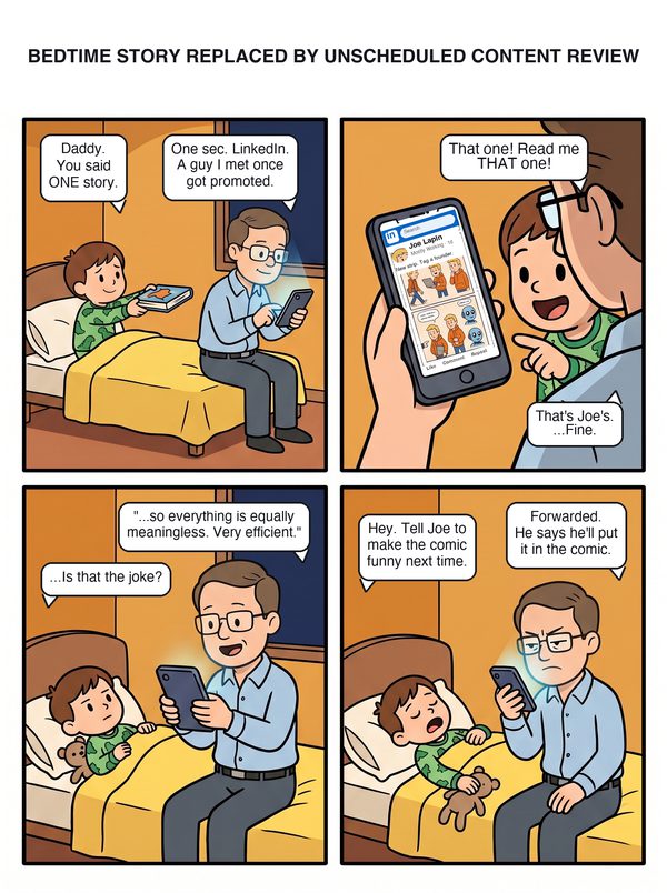 Four panels: a dad in glasses scrolls LinkedIn at his kid's bedside instead of reading the book. The kid spots a Mostly Working strip on the phone and demands that one. Dad reads it aloud. The kid's verdict: is that the joke? Dad texts Joe to make the comic funny next time. Joe says he'll put it in the comic.