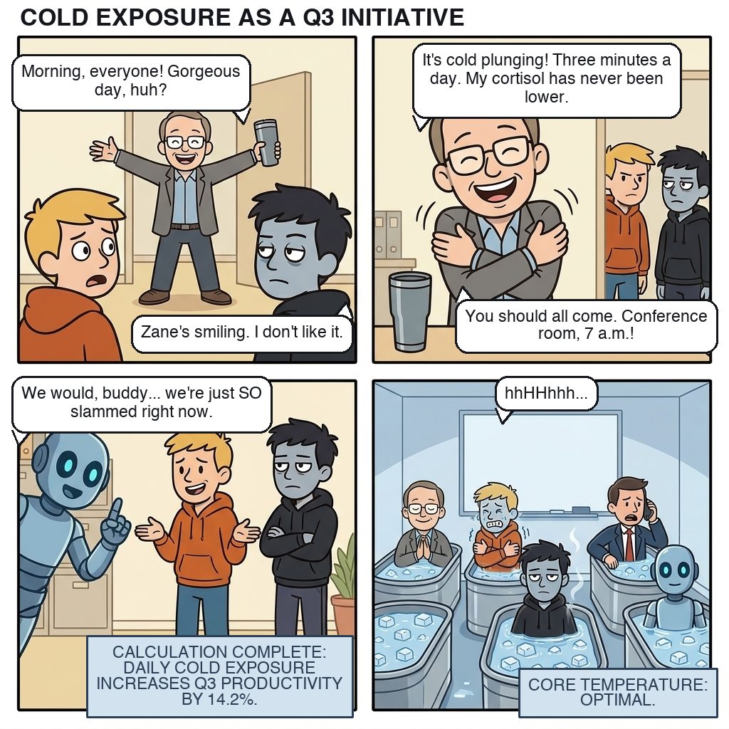 Four panels: Zane announces cold plunging, three minutes a day, his cortisol has never been lower. Joe and Matt are too slammed. Adam calculates that daily cold exposure increases Q3 productivity by 14.2 percent. Everyone ends up in the tubs at 7 a.m. Core temperature: optimal.