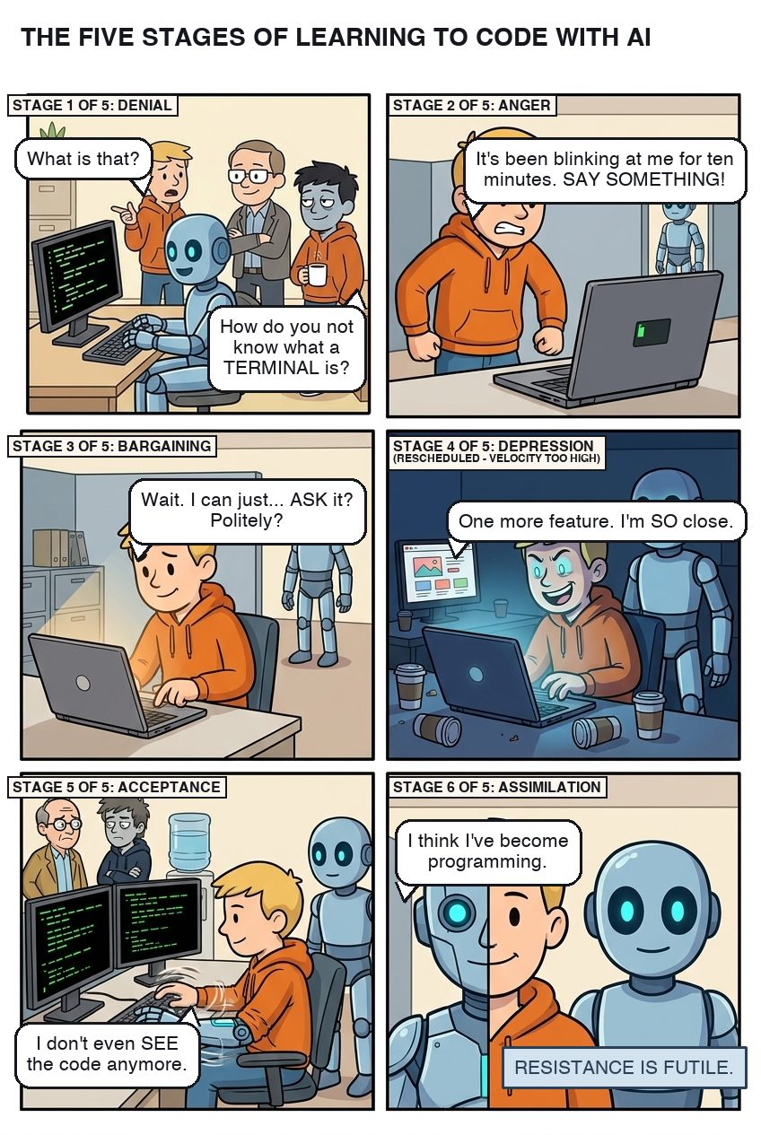 Six panels, one per stage: denial (what is a terminal), anger (it's been blinking at me for ten minutes), bargaining (can I just ask it, politely), depression (one more feature, I'm so close), acceptance (I don't even see the code anymore), and a sixth stage, assimilation, where Joe is half robot. Resistance is futile.