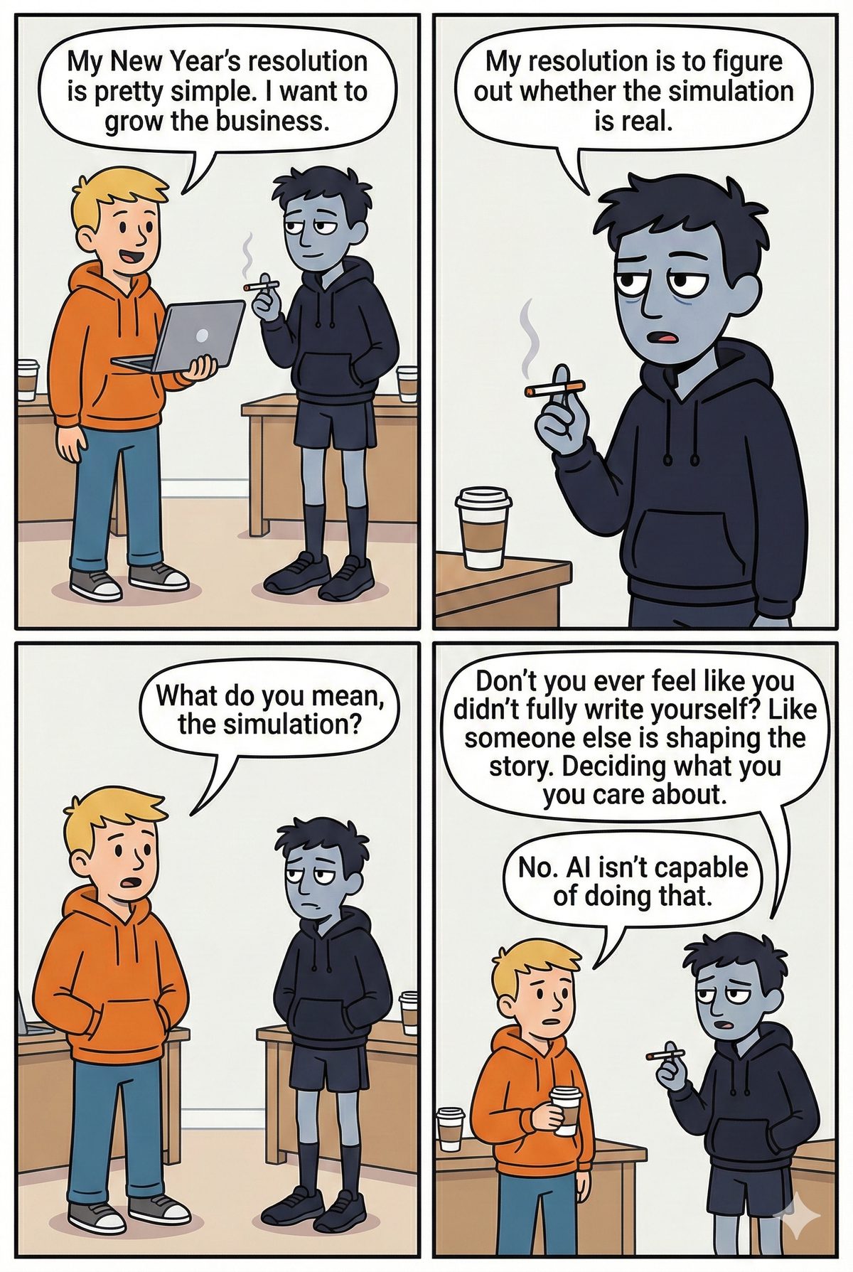Four panels: Joe's New Year's resolution is to grow the business; Matt's is to figure out whether the simulation is real, and whether someone else is shaping the story and deciding what he cares about. Joe: no, AI isn't capable of doing that.