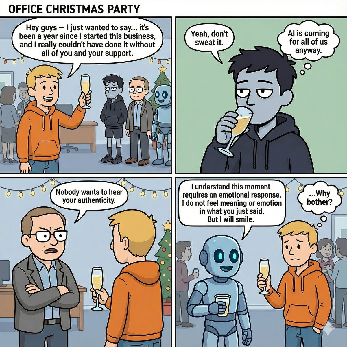 Four panels: Joe raises a glass at the office holiday party and thanks everyone for a first year in business; Matt tells him not to sweat it, Zane says nobody wants to hear his authenticity, and Adam the robot announces it will smile because the moment requires an emotional response.