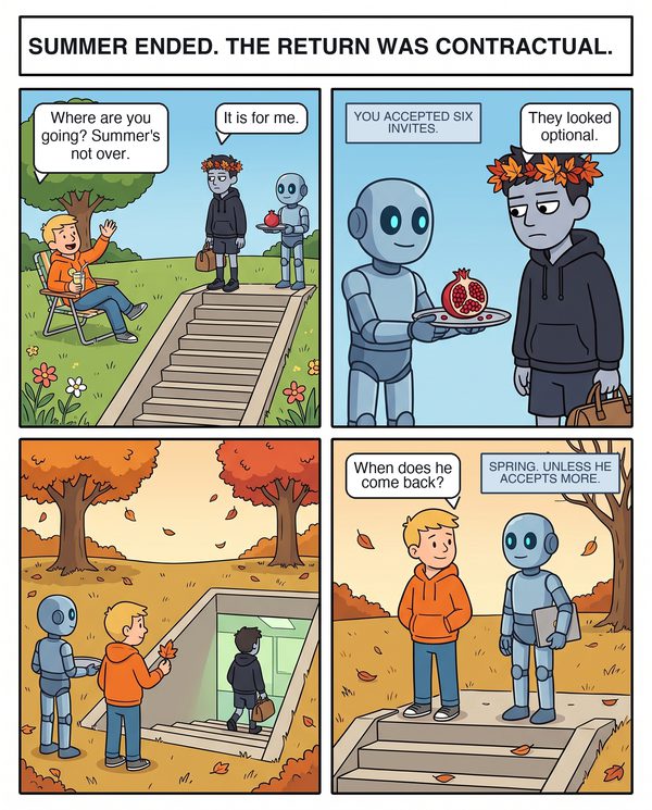 Four panels retelling the myth of Persephone: Matt, wearing a wreath of autumn leaves, stands at the top of stone stairs that descend into a fluorescent office lobby while Joe waves from a lawn chair in a summer meadow. Adam the robot offers a pomegranate on a tray and tells Matt he accepted six invites; Matt says they looked optional. Matt walks down into the office as the meadow turns to autumn. Joe asks when he comes back. Adam: spring, unless he accepts more.