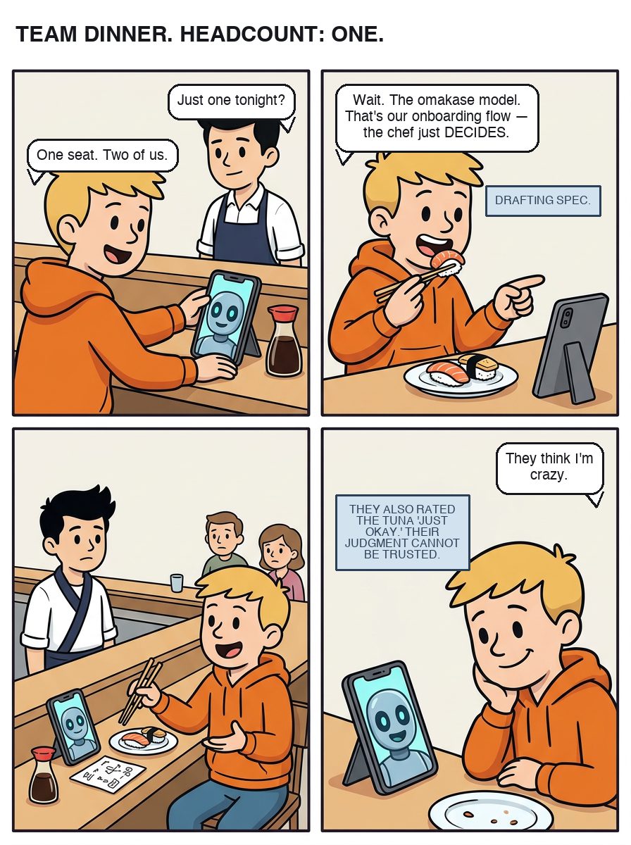 Four panels at a sushi counter: one seat, two of us, Joe tells the chef, propping up the phone with Adam on it. Adam drafts a spec for the omakase onboarding flow and rates the tuna just okay. The chef thinks Joe is crazy.