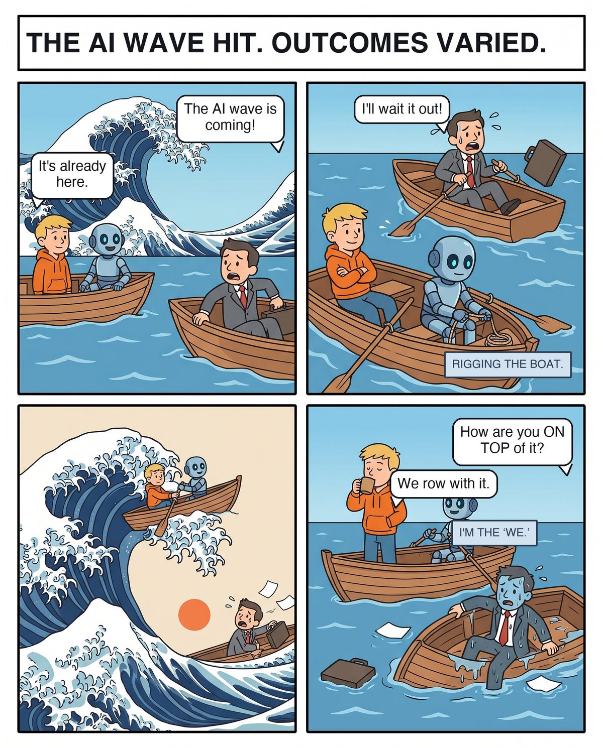 Four panels after Hokusai's Great Wave: a huge wave approaches two rowboats; a businessman rows away while a man and his robot rig their boat; the robot crew rides the crest as the businessman's boat is swamped; afterward the man sips coffee while the robot takes credit for the rowing.