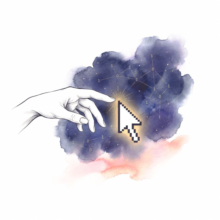 A symbolic ink illustration: a hand drawn in fine ink line reaches toward a white pixel cursor at the heart of a navy star-cloud, a small gold spark where fingertip and cursor meet.